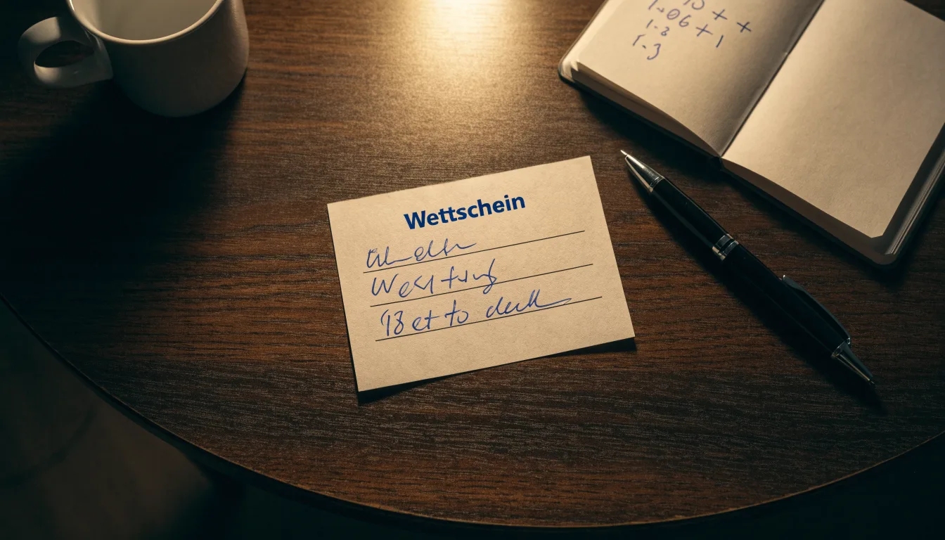 Ein leerer Papierwettschein, ein Kugelschreiber und ein Taschenrechner liegen auf einem Holztisch, warmes Licht einer Schreibtischlampe.