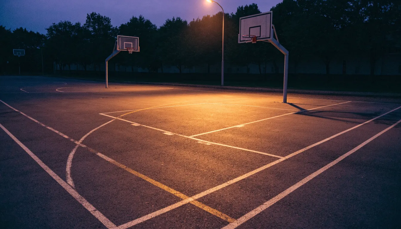 Ein Freiluft-Basketballplatz am Abend mit Asphalt, Linien und zwei Körben unter einer Straßenlaterne.