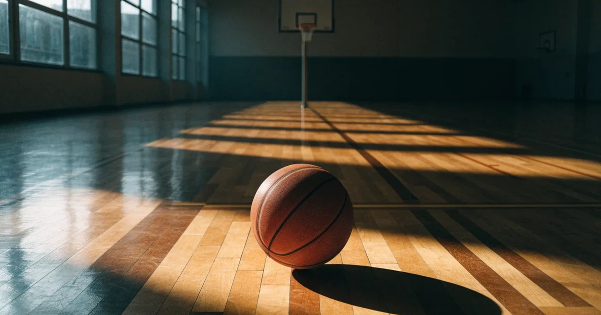 Ein Basketball liegt unter dem Korb auf dem Parkett einer leeren Sporthalle, Licht fällt durch hohe Fenster.