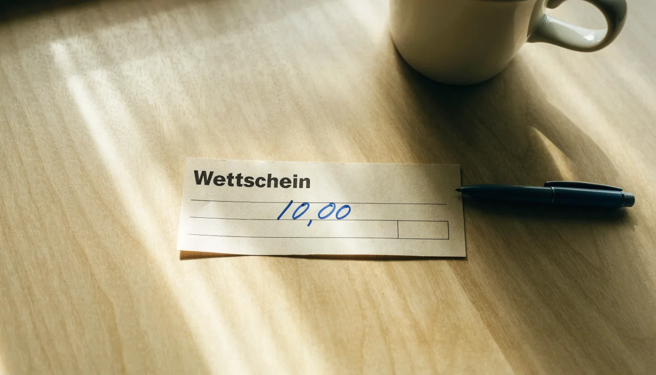 Ein leerer Wettschein aus Papier liegt neben einem Kugelschreiber und einer Tasse auf einem hellen Holztisch.