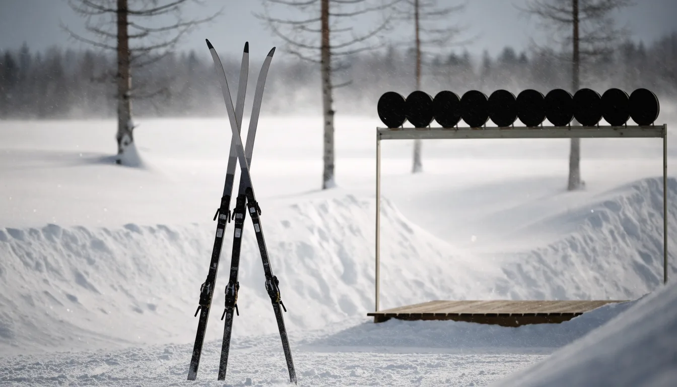 Ein Paar Langlaufskier steckt aufrecht im Schnee neben einem leeren Schießstand mit runden Zielscheiben, kaltes Winterlicht.