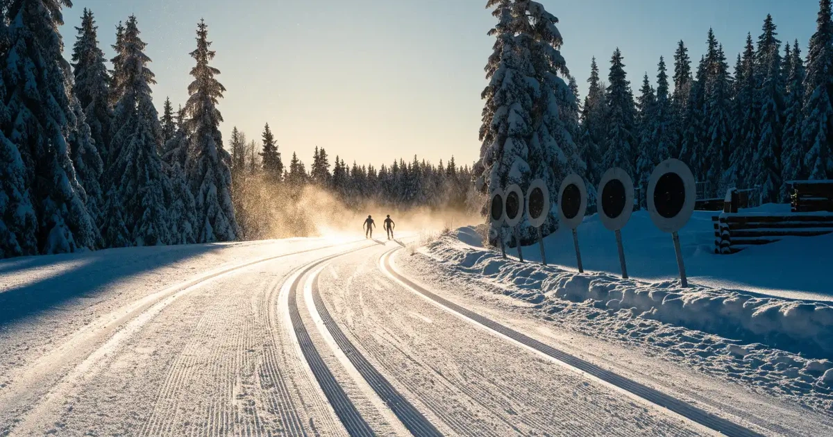 Eine verschneite Loipe zwischen Fichten im Morgenlicht, frische Spuren im Schnee, kein Mensch zu sehen.