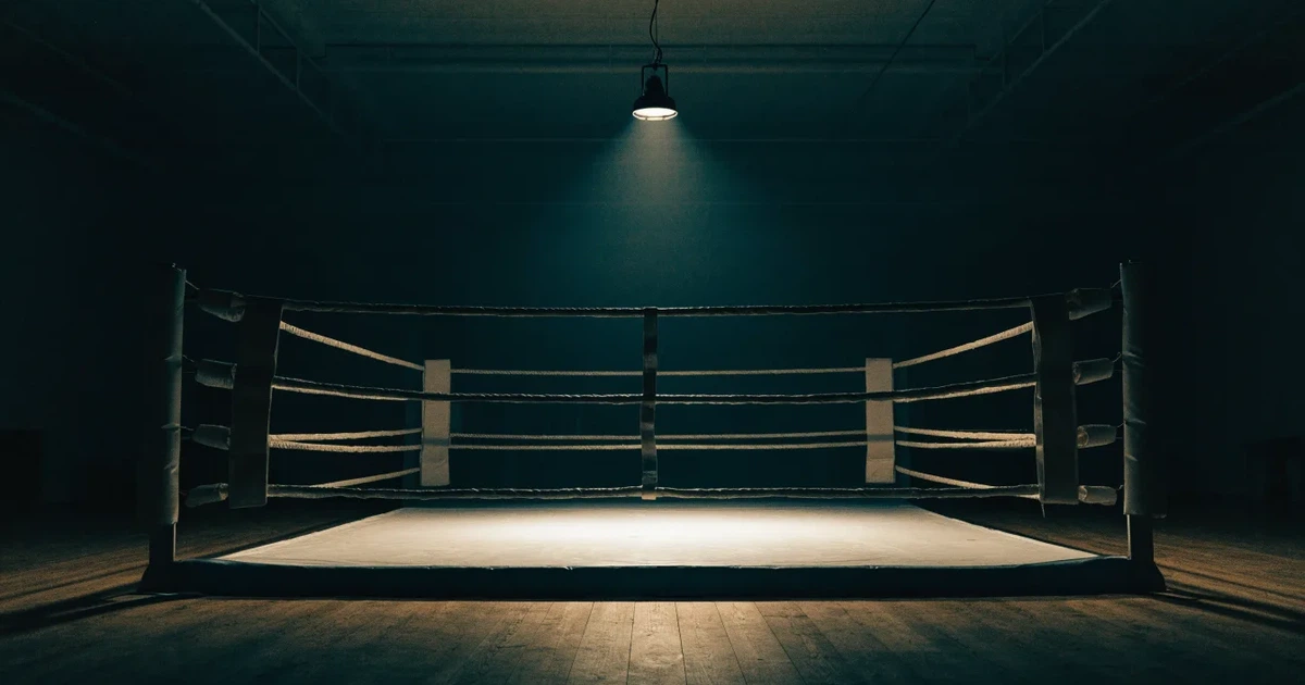 Ein Boxring mit gespannten Seilen in einer leeren Halle, ein einzelner Scheinwerfer leuchtet von oben auf die Ringmatte.