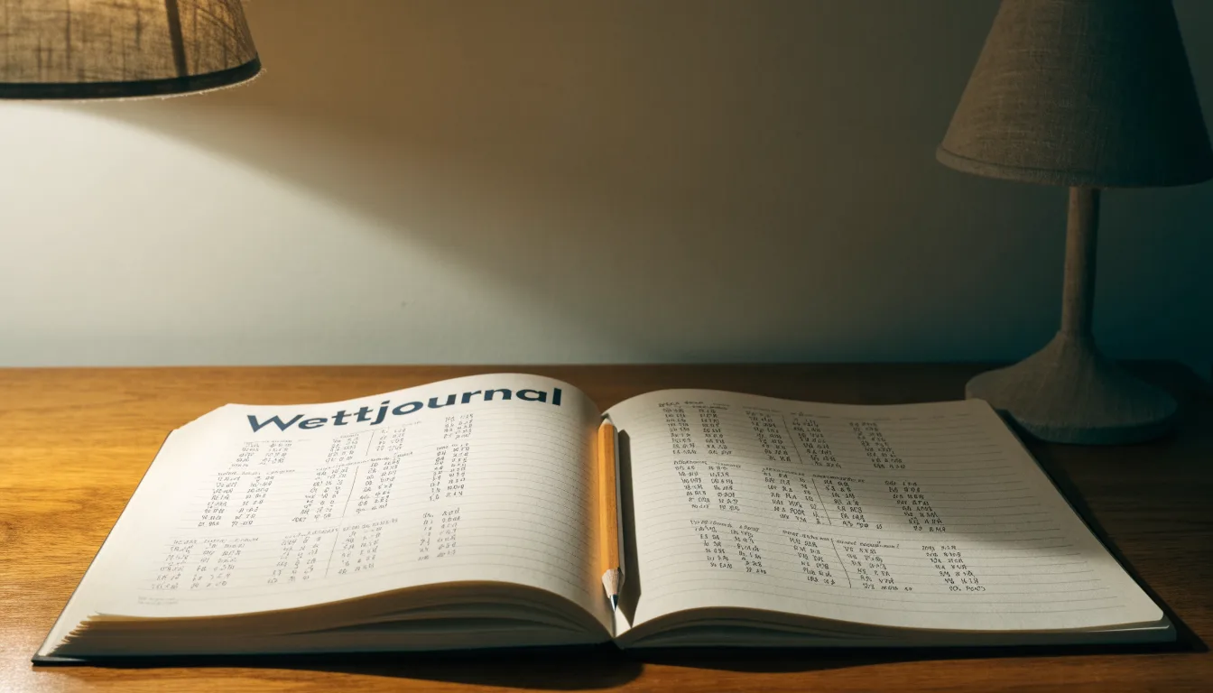 Ein Notizbuch mit handschriftlichen Notizen und ein Bleistift liegen neben einer Tischlampe auf einem Schreibtisch, ruhiges Abendlicht.