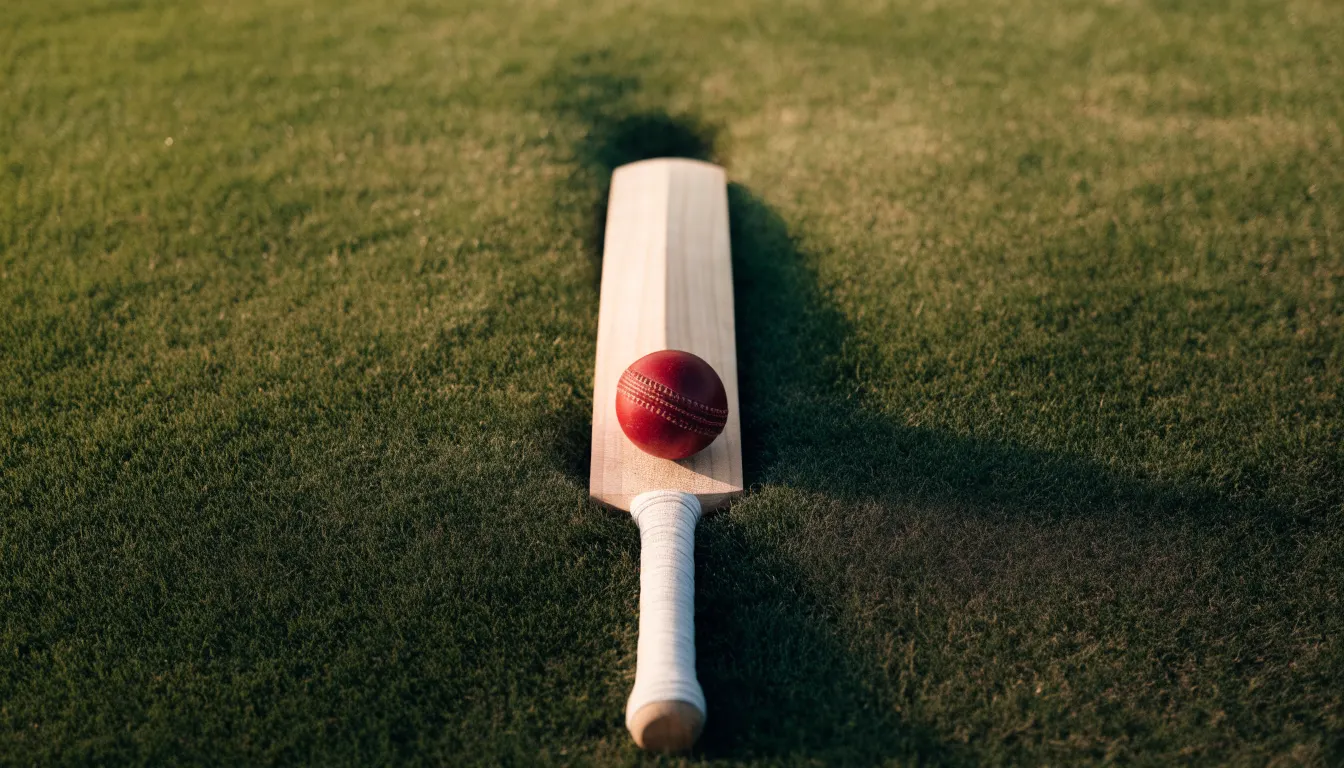 Ein Cricketschläger aus hellem Holz und ein roter Lederball liegen auf kurzem Rasen, weiches Abendlicht.