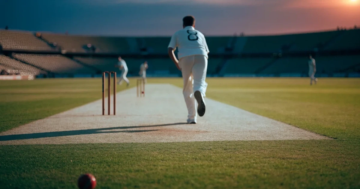 Ein weites grünes Cricketfeld mit einem hellen Streifen in der Mitte, tief stehende Sonne, im Hintergrund eine leere Tribüne.