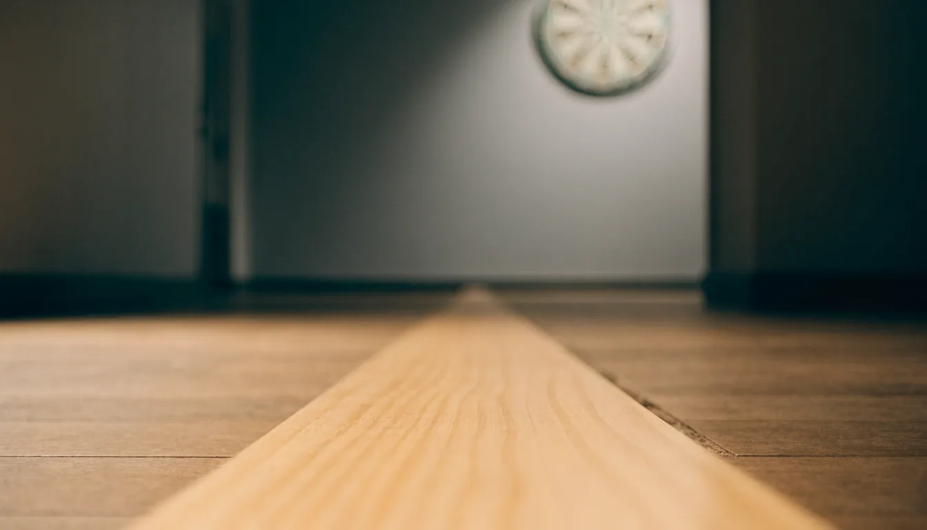 Eine Wurflinie aus Holz auf dem Hallenboden, im Hintergrund in der Ferne eine Dartscheibe an der Wand.