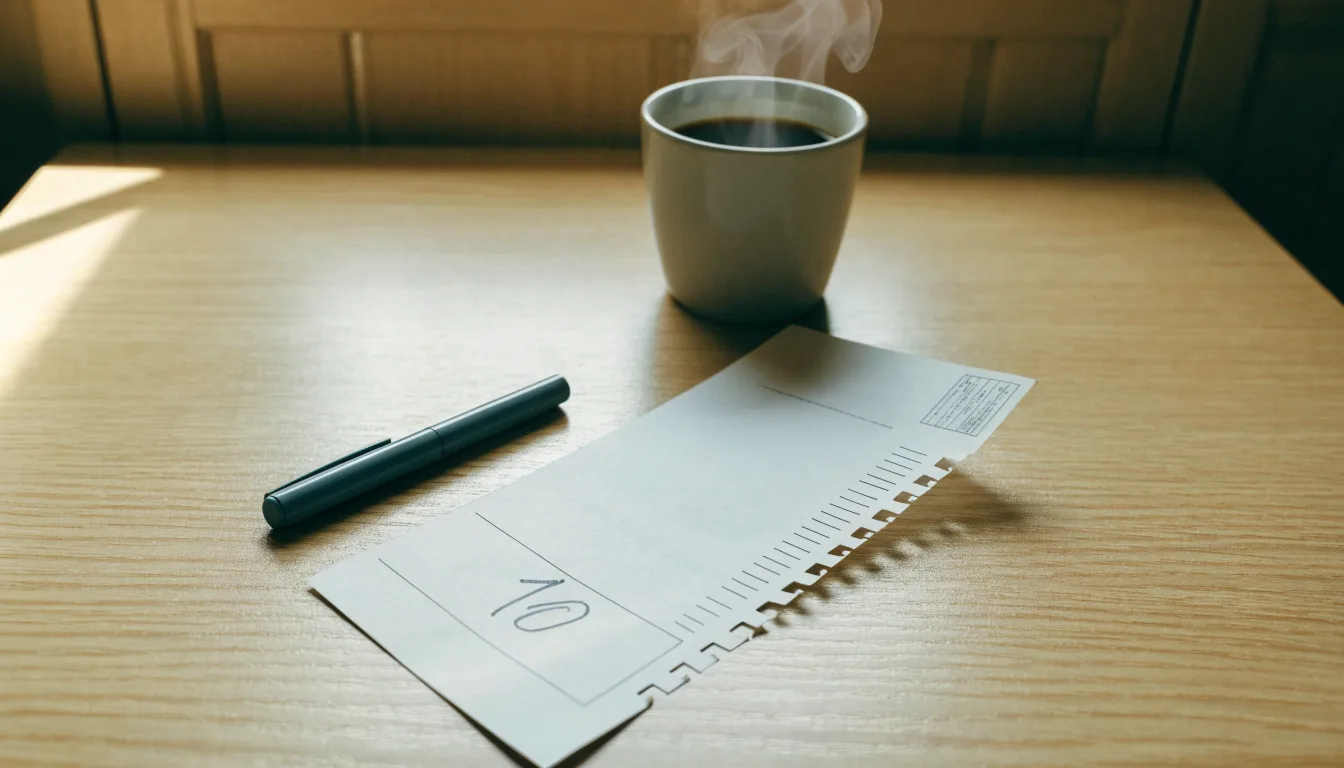 Ein leerer Wettschein aus Papier liegt neben einem Kugelschreiber und einer Tasse auf einem hellen Holztisch.