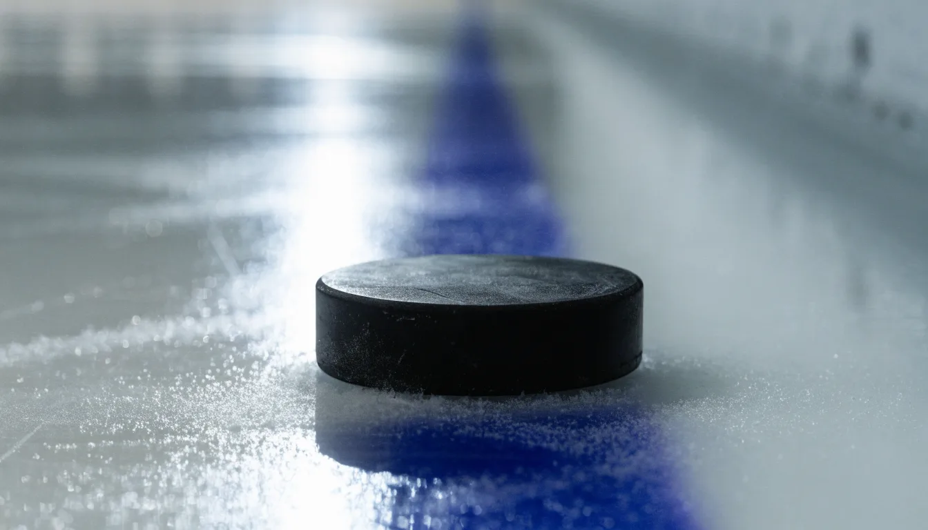 Ein schwarzer Puck liegt auf frisch aufbereitetem Eis neben der blauen Linie, Lichtreflexe auf der Fläche.