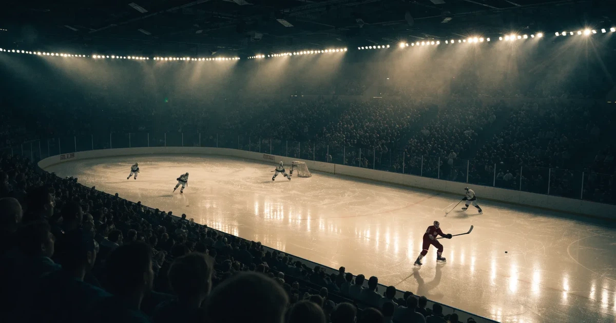Eine Eishockeyhalle von der Tribüne aus gesehen, spiegelglatte Eisfläche, Banden ohne Schriftzüge, helles Flutlicht.