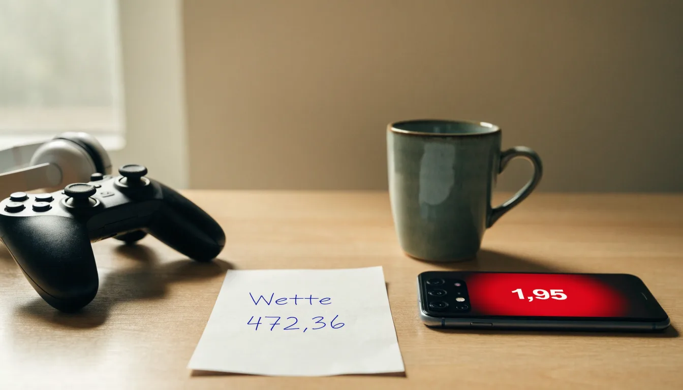Ein Gamepad und ein Headset liegen auf einem Schreibtisch neben einer Tasse, der Bildschirm im Hintergrund ist ausgeschaltet.