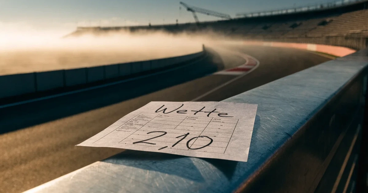 Eine leere Rennstrecke im Morgennebel, Asphalt mit rot-weißen Randsteinen, im Hintergrund Tribünen in der Ferne.