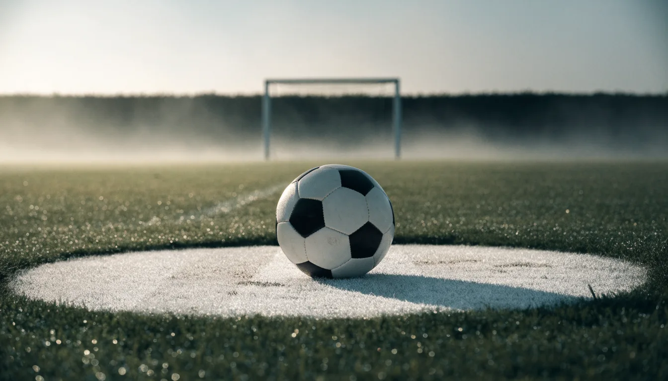 Ein Fußball liegt auf dem Elfmeterpunkt eines leeren Rasenplatzes, im Hintergrund unscharf ein Tor im Morgendunst.