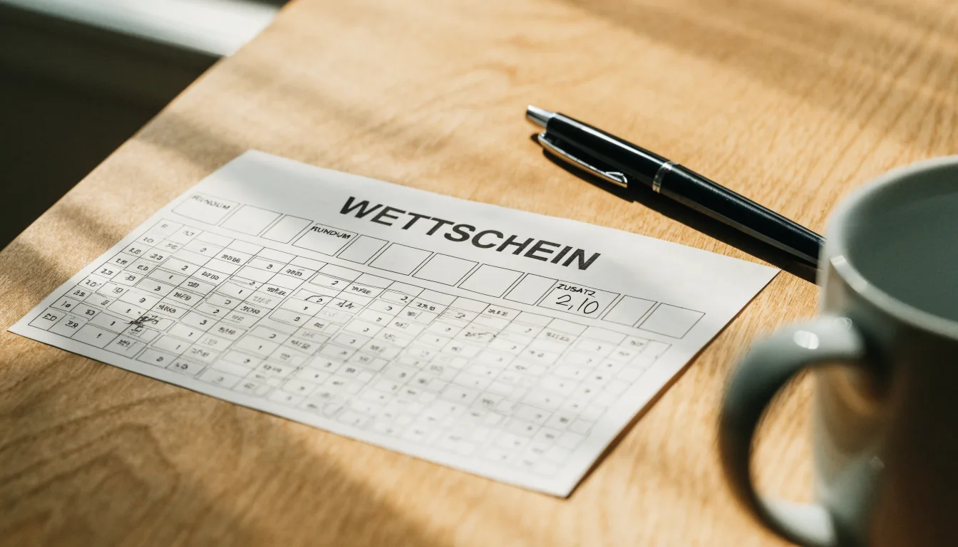 Ein leerer Wettschein aus Papier liegt neben einem Kugelschreiber und einer Tasse auf einem hellen Holztisch.