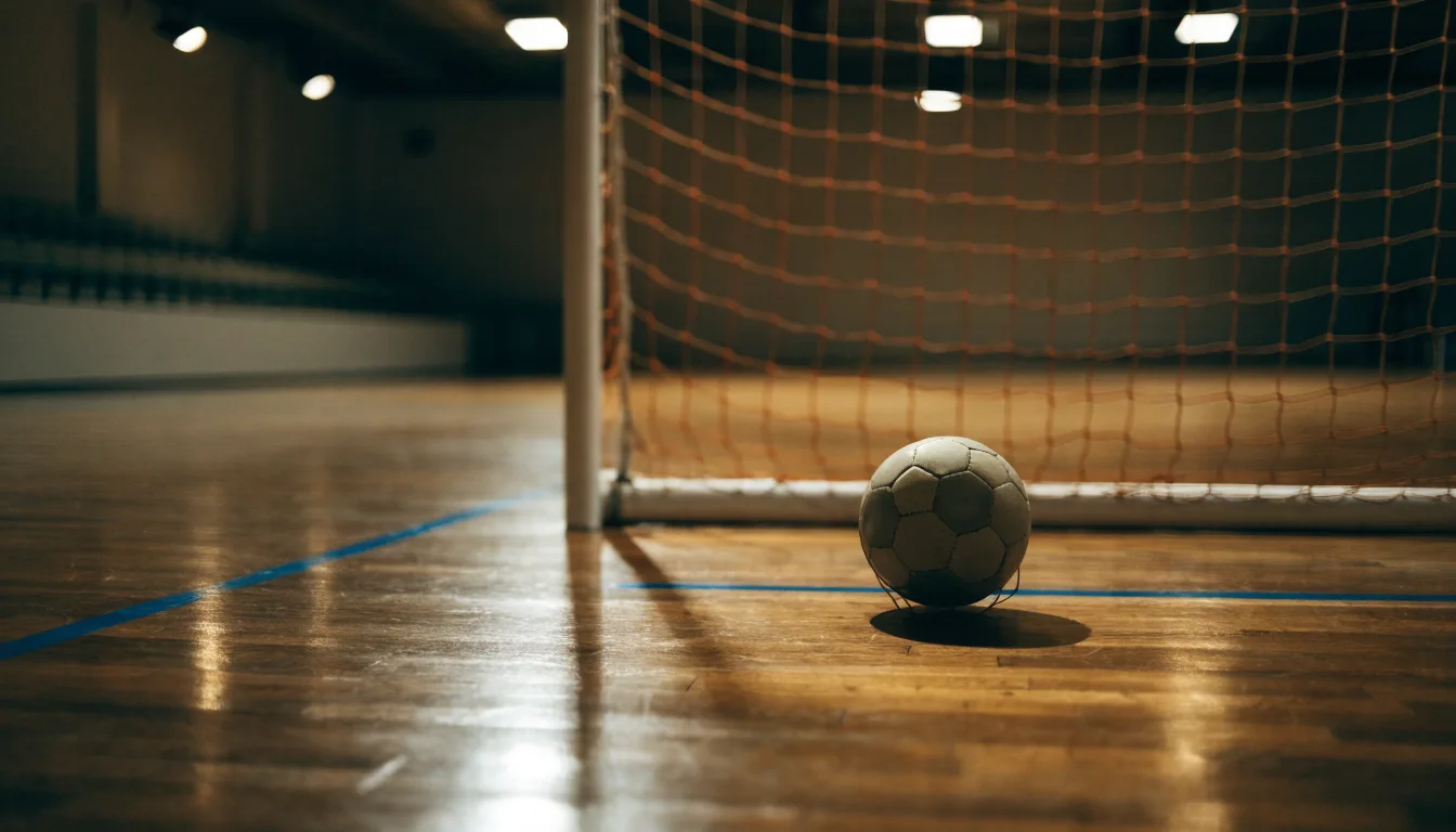 Ein kleiner schwerer Ball liegt in einer Halle auf dem Parkett vor einem Tor, warmes Licht aus den Deckenstrahlern.