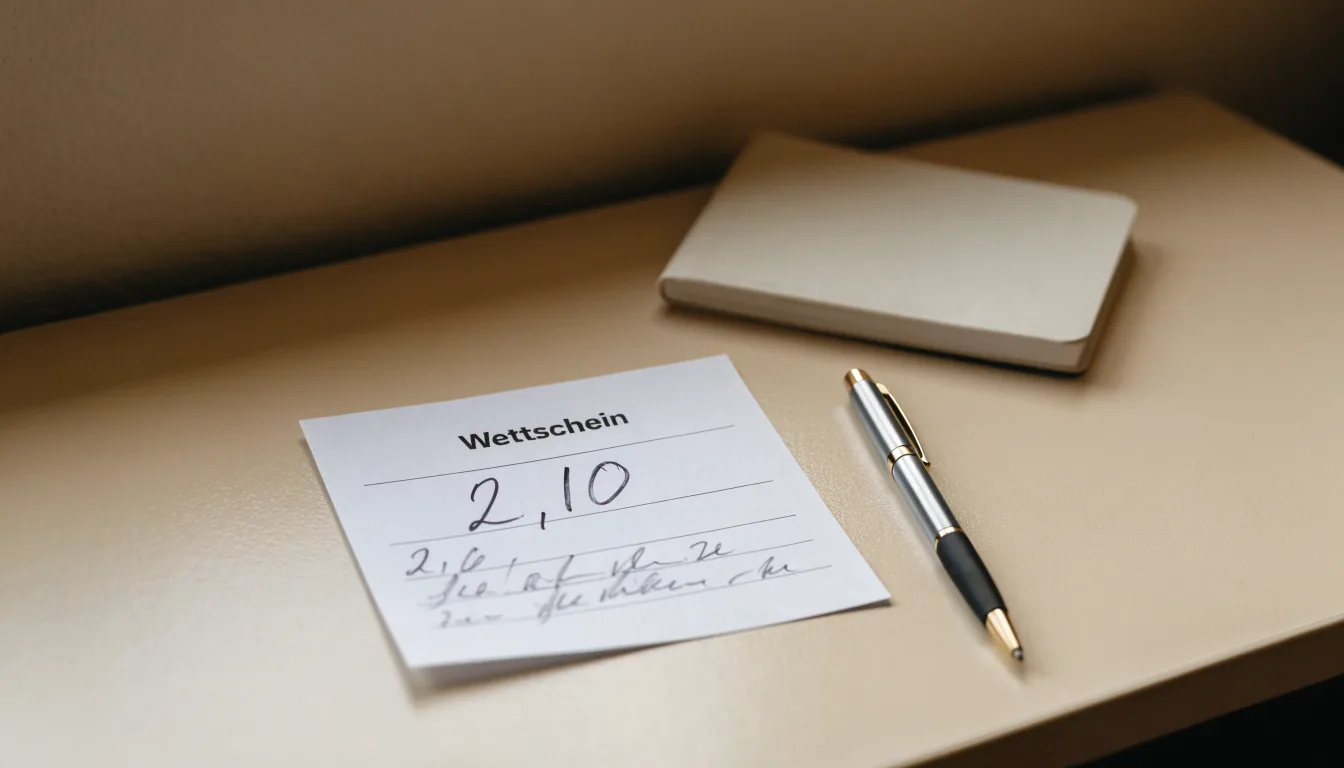 Ein leerer Papierwettschein und ein Kugelschreiber liegen auf einer glatten Schreibtischplatte neben einem Notizbuch.