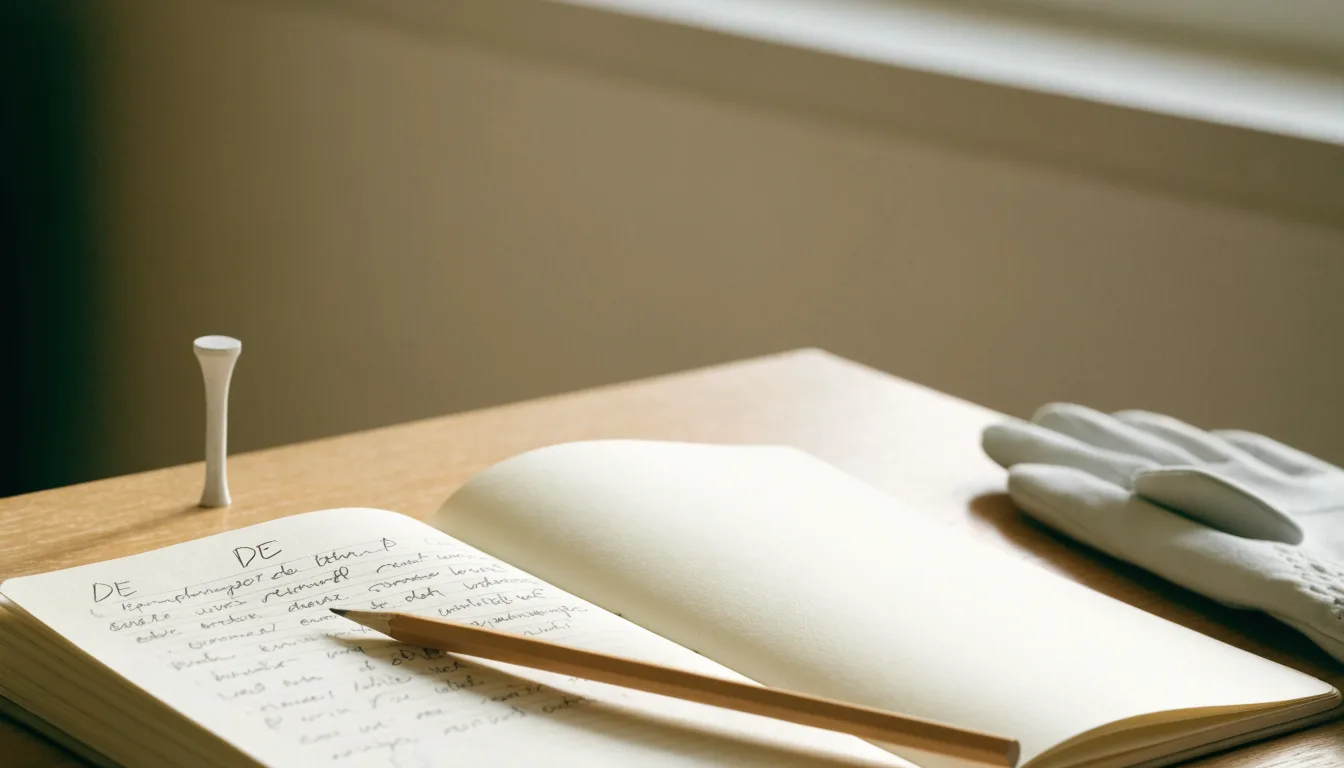 Ein Notizbuch mit handschriftlichen Notizen und ein Bleistift liegen neben einem Golfhandschuh und einem Tee auf einem Holztisch.