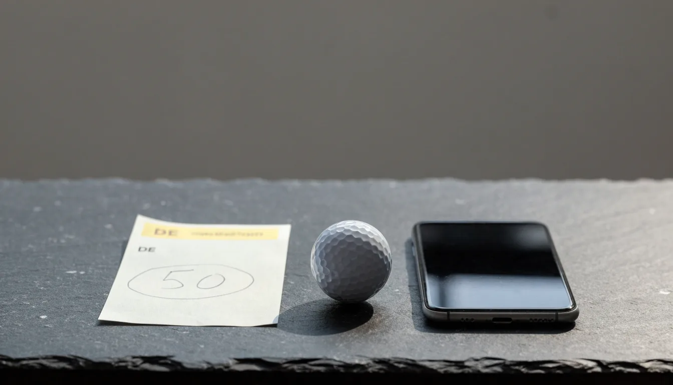 Ein leerer Wettschein aus Papier liegt neben einem Smartphone mit dunklem Display auf einem Tisch, daneben ein einzelner Golfball.