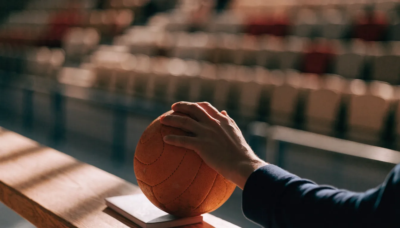 Eine Hand hält einen Handball, im Hintergrund eine unscharfe Tribüne, daneben liegt ein Notizblock auf einer Bank.