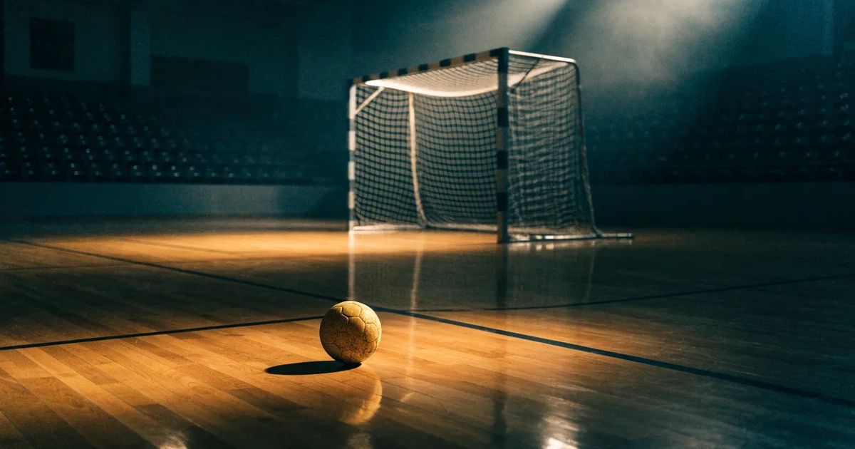 Ein Handball liegt auf dem Hallenboden vor einem Tor mit Netz, die leere Halle wird von Flutlicht beleuchtet.
