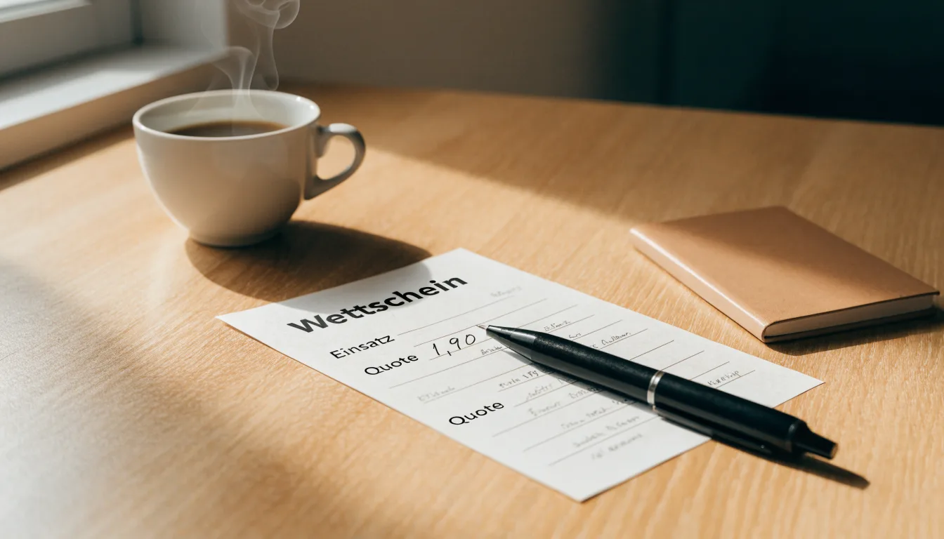 Ein leerer Wettschein aus Papier und ein Kugelschreiber liegen auf einem Schreibtisch neben einer Tasse Kaffee im Tageslicht.