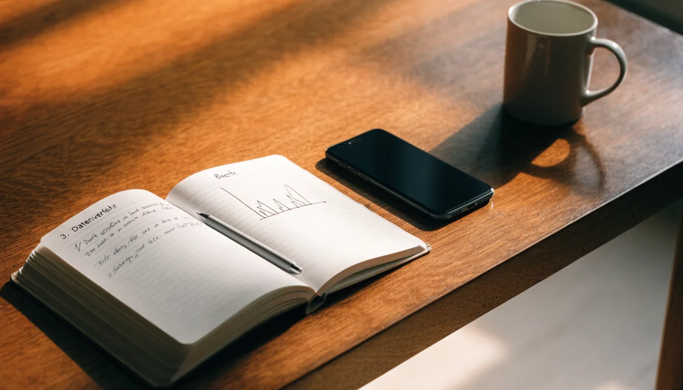 Ein Notizbuch mit handschriftlichen Notizen und ein Stift liegen auf einem Holztisch neben einem Smartphone mit dunklem Bildschirm.