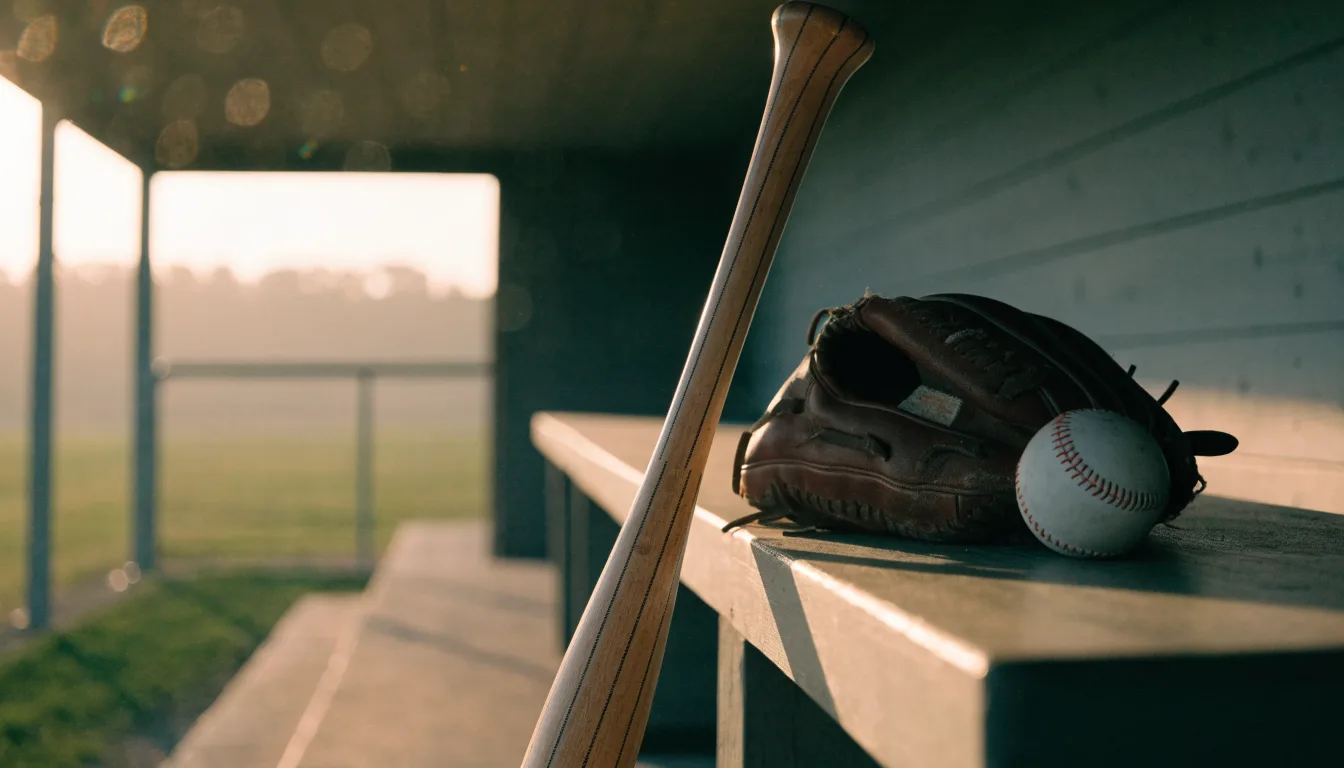 Ein Baseballschläger lehnt an einer Bank im Dugout, daneben liegen ein Handschuh und ein Ball im Licht der Nachmittagssonne.