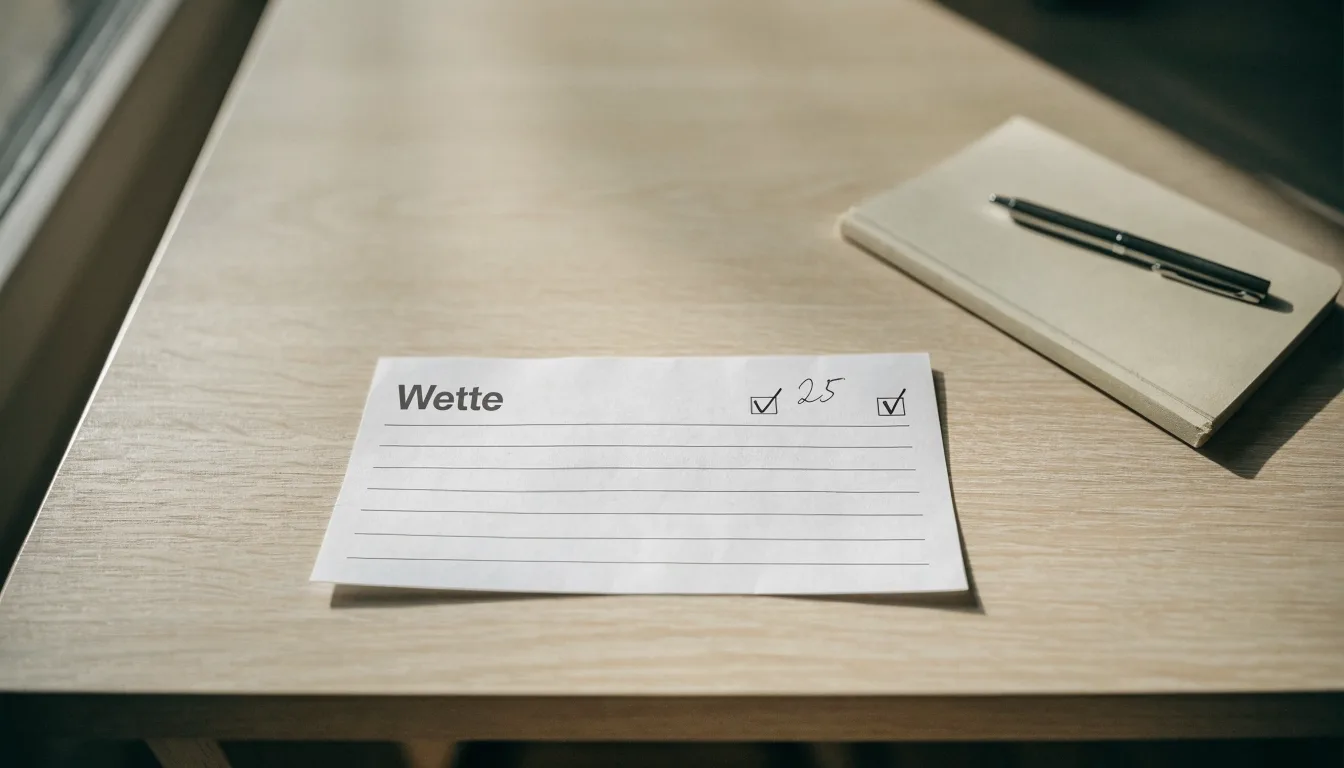 Ein leerer Wettschein aus Papier liegt neben einem Notizbuch und einem Stift auf einem aufgeräumten Schreibtisch.