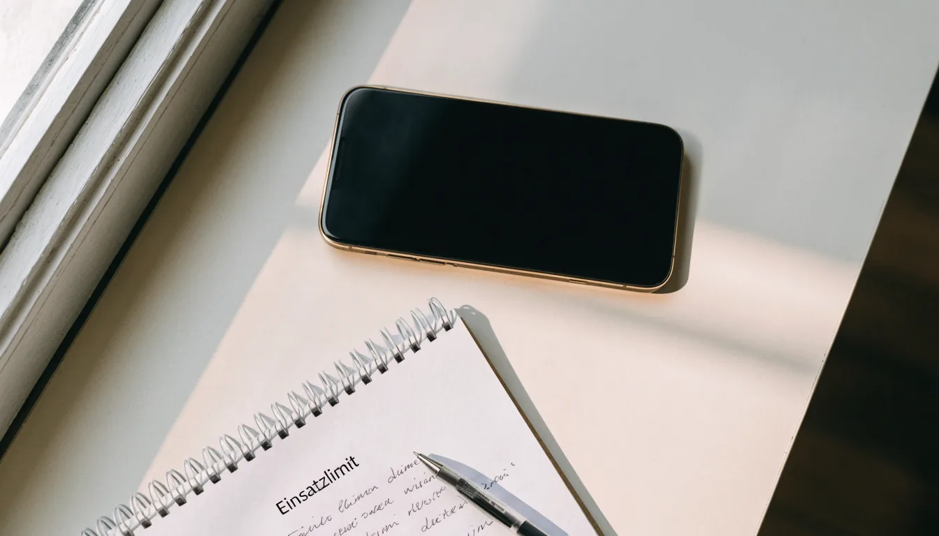 Ein Smartphone mit dunklem Display liegt neben einem Notizbuch und einem Kugelschreiber auf einem Tisch.