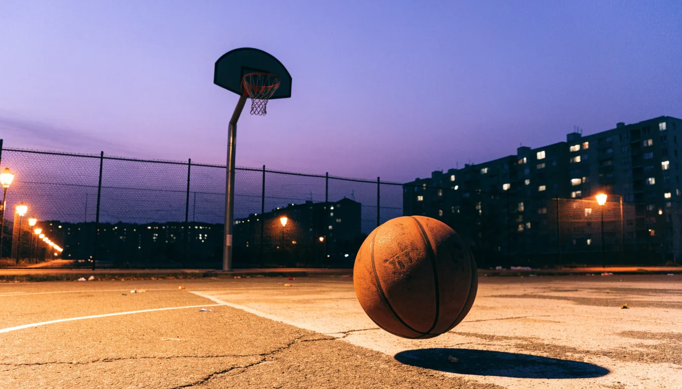 Ein Basketball rollt auf einem Freiluftplatz in der Abenddämmerung zu einem Korb, die Straßenlaternen leuchten bereits.