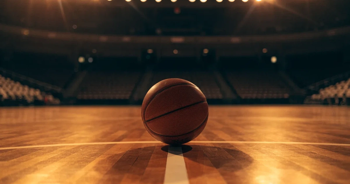 Ein Basketball liegt auf dem Parkettboden einer leeren Arena, Scheinwerfer werfen Licht auf die Mittellinie.