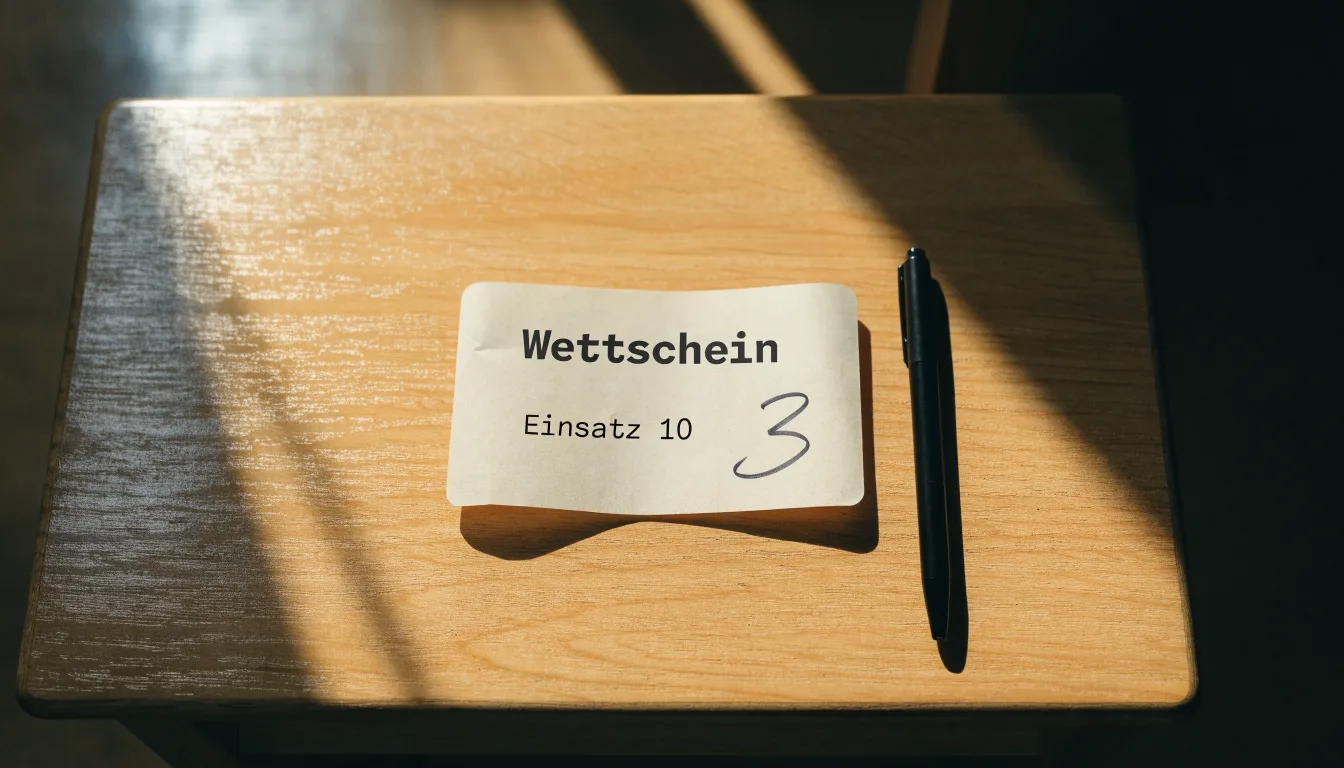 Ein leerer Wettschein aus Papier liegt neben einem Kugelschreiber auf einem Schreibtisch im Tageslicht.