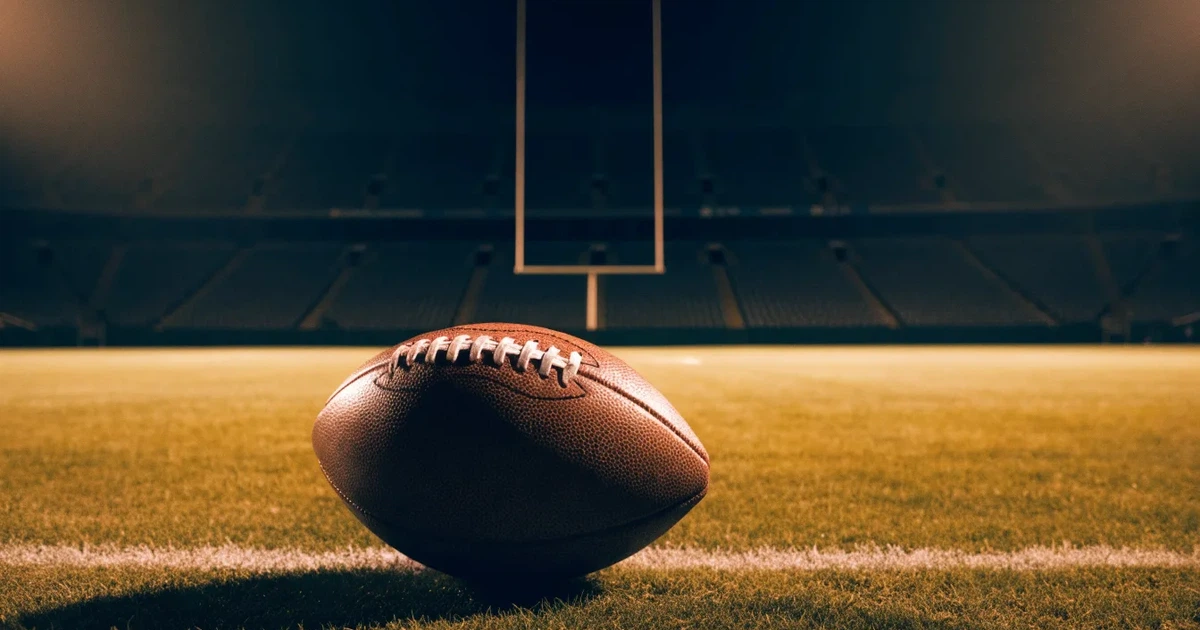 Ein American Football liegt auf dem Rasen eines leeren Stadions unter Flutlicht, die Torstangen ragen im Hintergrund auf.