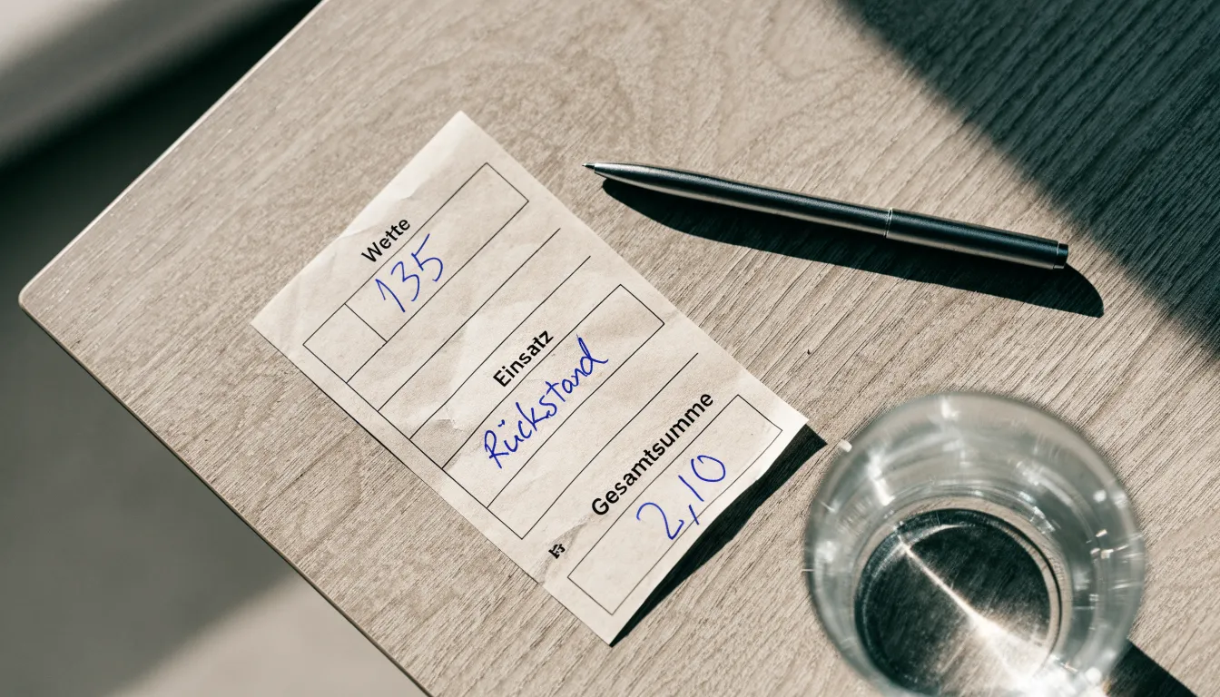 Ein leerer Wettschein aus Papier liegt neben einem Stift auf einem Tisch, daneben ein Glas Wasser.