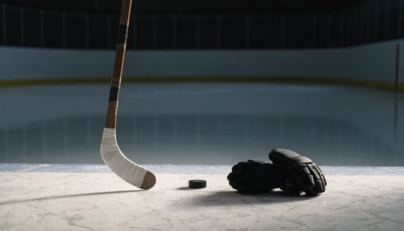 Ein Eishockeyschläger lehnt an einer Bande, daneben liegen ein Puck und ein Paar Handschuhe in einer Eishalle.