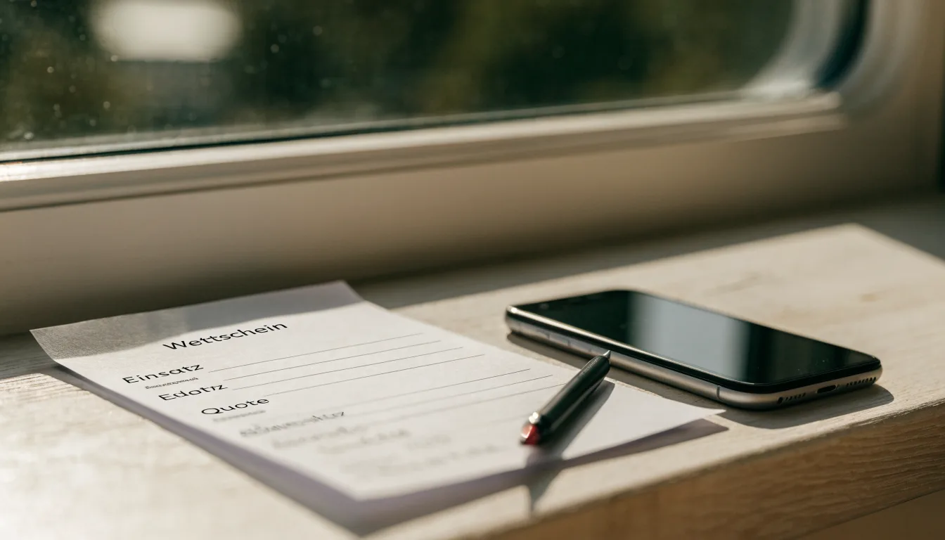 Ein leerer Wettschein aus Papier und ein Smartphone mit dunklem Display liegen auf einer Fensterbank im Tageslicht.