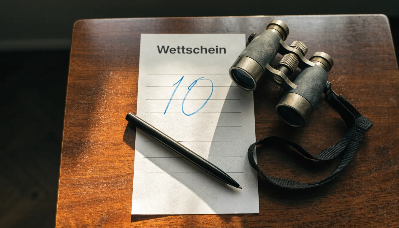 Ein leerer Wettschein aus Papier und ein Kugelschreiber liegen auf einem Holztisch neben einem Fernglas.