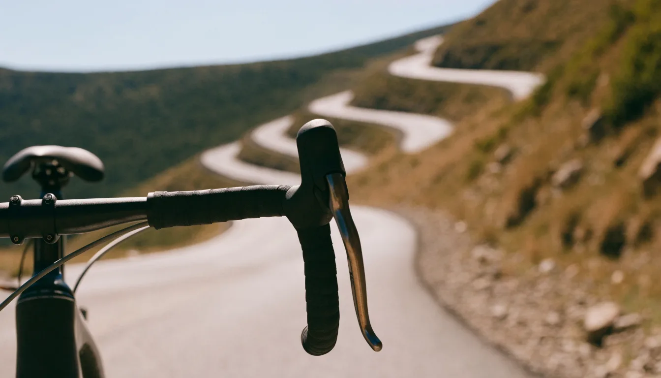 Ein Rennradlenker mit Sattel aus der Nähe, im Hintergrund unscharf eine Bergstraße mit Serpentinen.