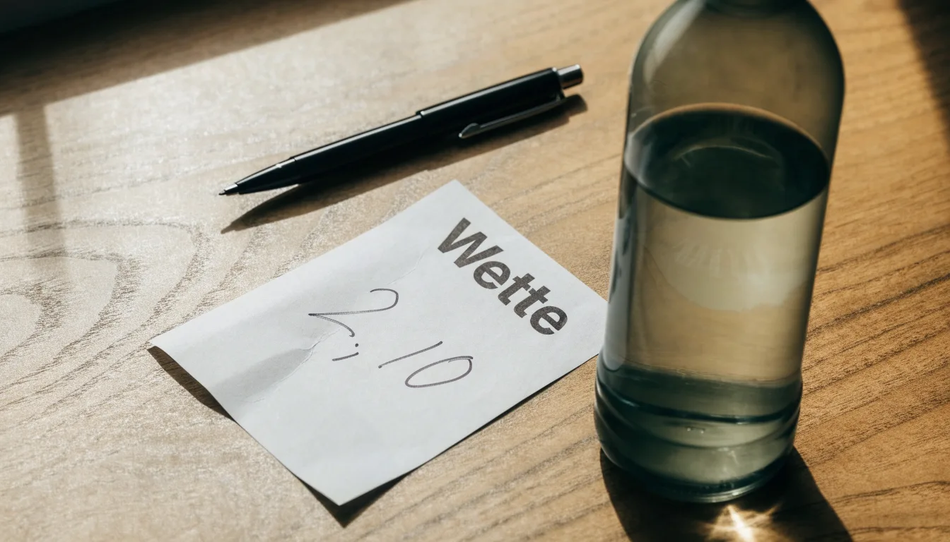 Ein leerer Wettschein aus Papier liegt neben einer Trinkflasche und einem Stift auf einem Tisch.
