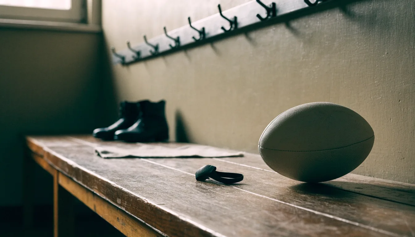 Ein Rugbyball und ein Mundschutz liegen auf einer Holzbank neben einer Reihe Kleiderhaken in einer Umkleide.