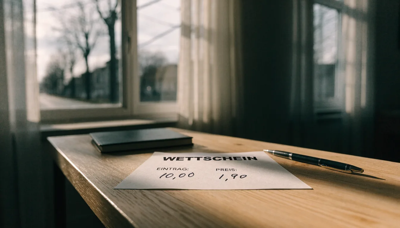 Ein leerer Wettschein aus Papier liegt neben einem Notizbuch und einem Stift auf einem Schreibtisch am Fenster.