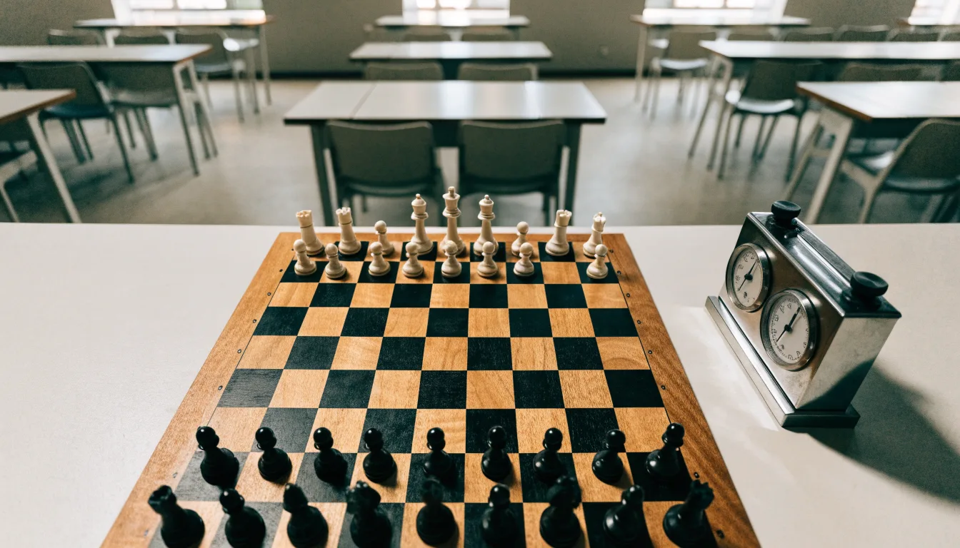Ein Schachbrett und eine Schachuhr stehen auf einem Tisch in einem leeren Turniersaal, die Stühle sind ordentlich zurückgeschoben.
