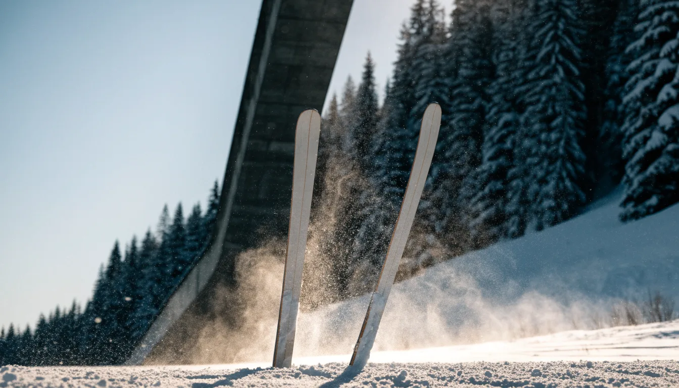 Ein Paar Skier steckt aufrecht im Schnee neben einem Anlaufturm, im Hintergrund wirbelt feiner Schnee im Wind.