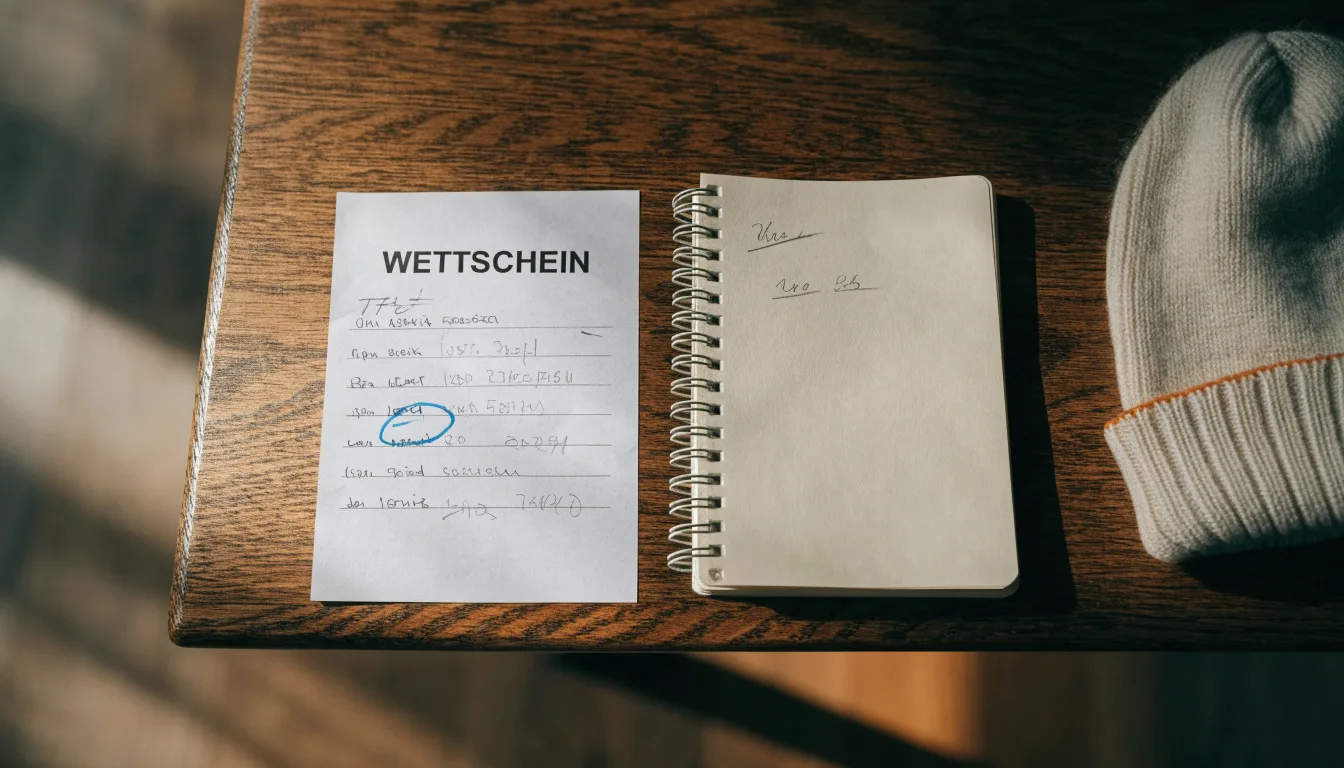 Ein leerer Wettschein aus Papier und ein Notizbuch liegen neben einer Wollmütze auf einem Holztisch.