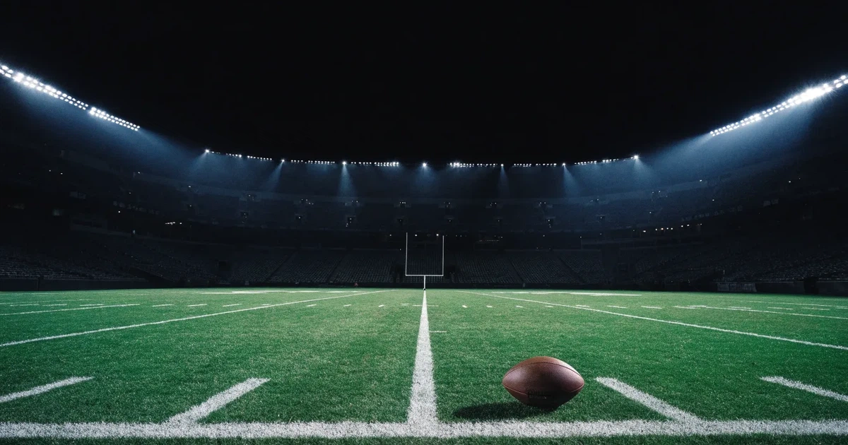 Ein Footballstadion bei Flutlicht aus der Ferne gesehen, davor ein leerer Rasen mit Yard-Linien und ein ovaler Ball am Spielfeldrand.