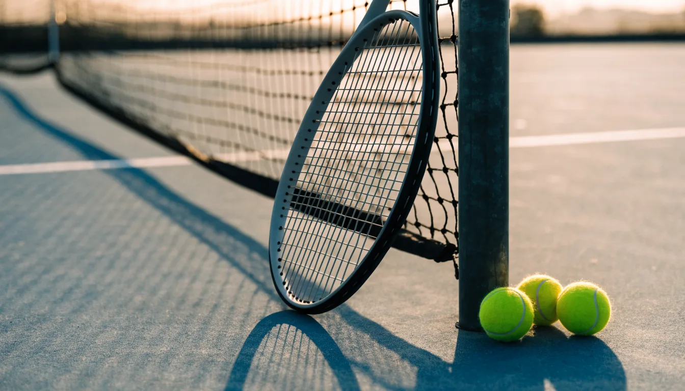 Ein Tennisschläger lehnt an einem Netzpfosten, daneben liegen drei Bälle auf einem Hartplatz in warmem Nachmittagslicht.