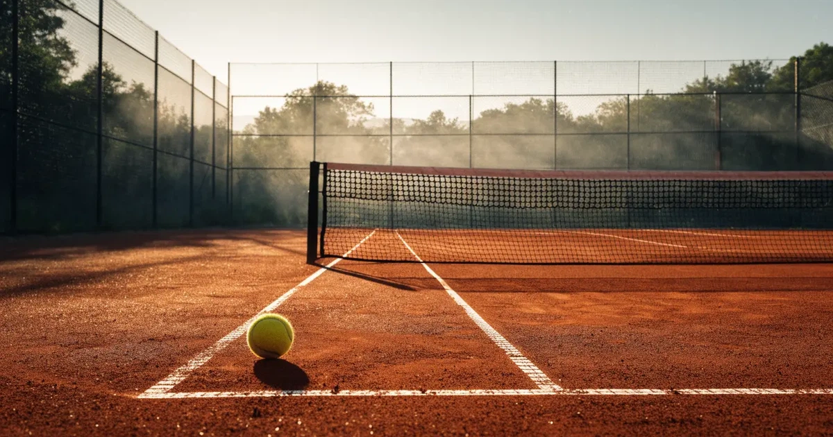 Ein Sandplatz am frühen Morgen mit frisch gezogenen Linien, einem Netz in der Mitte und einem gelben Ball auf der Grundlinie.