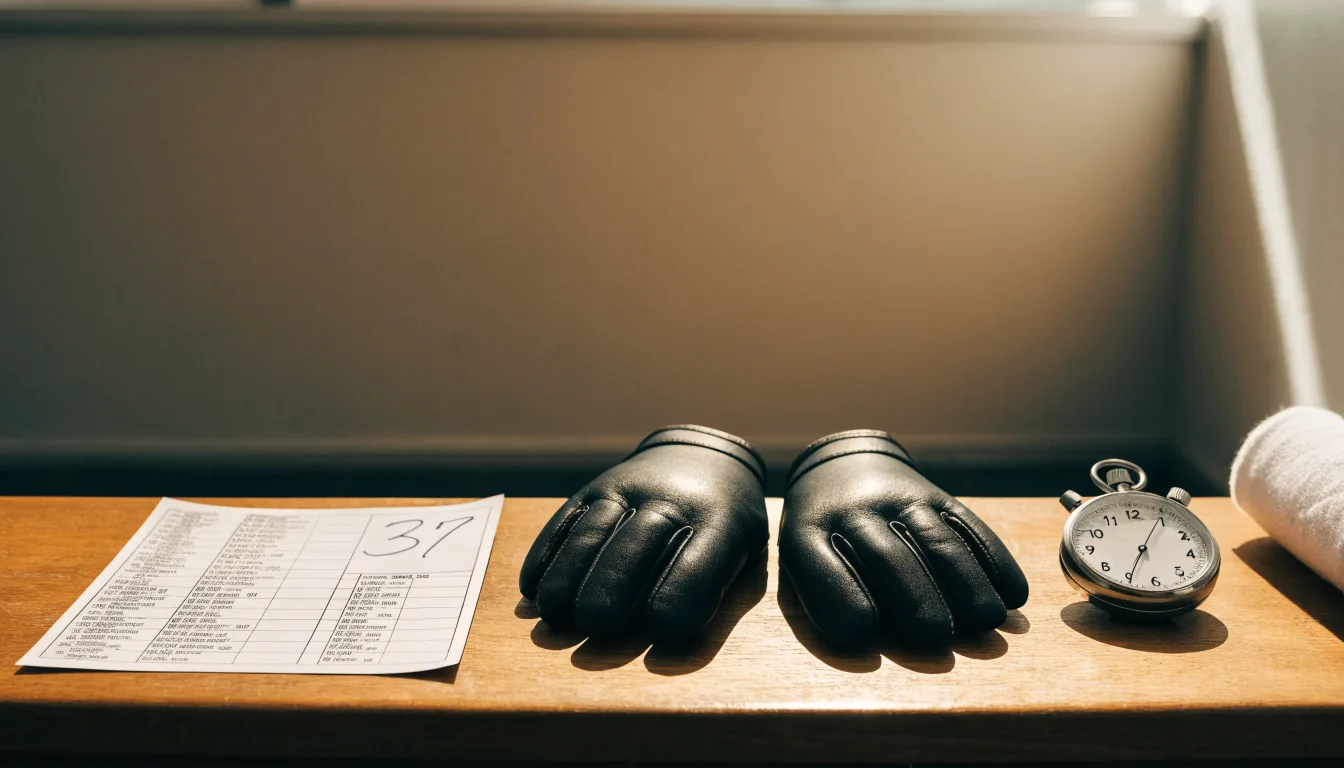 Ein Paar Kampfhandschuhe und eine Stoppuhr liegen auf einer Bank im Trainingsraum neben einer aufgerollten Handbandage.