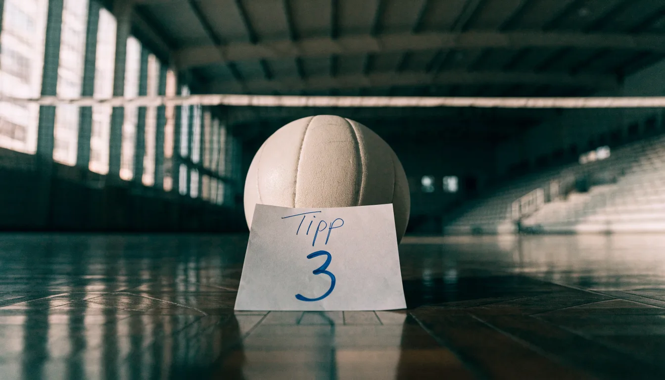 Eine leere Sporthalle mit gespanntem Volleyballnetz und glänzendem Parkett, durch hohe Fenster fällt Tageslicht.