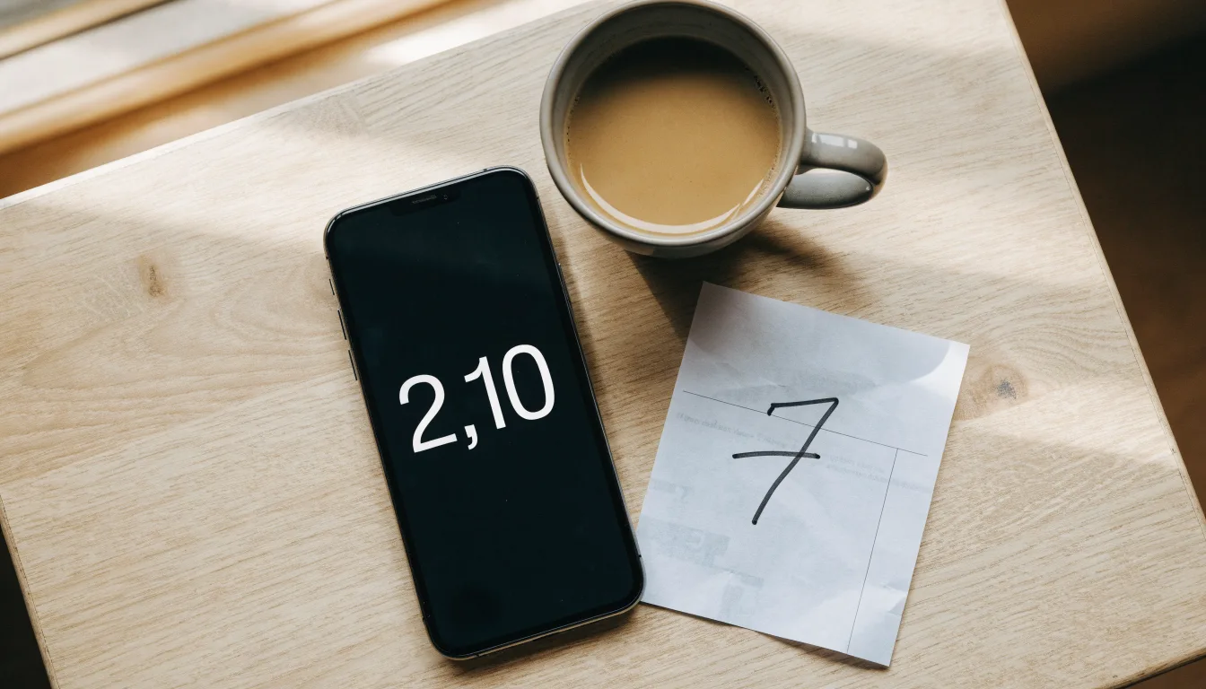 Ein Smartphone mit dunklem Bildschirm lehnt an einer Kaffeetasse auf einem Holztisch, daneben ein blanker Papier-Wettschein.